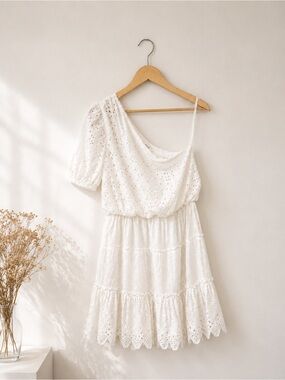 Hemant & Nandita White Eyelet Lace One-Shoulder Mini Dress size 12